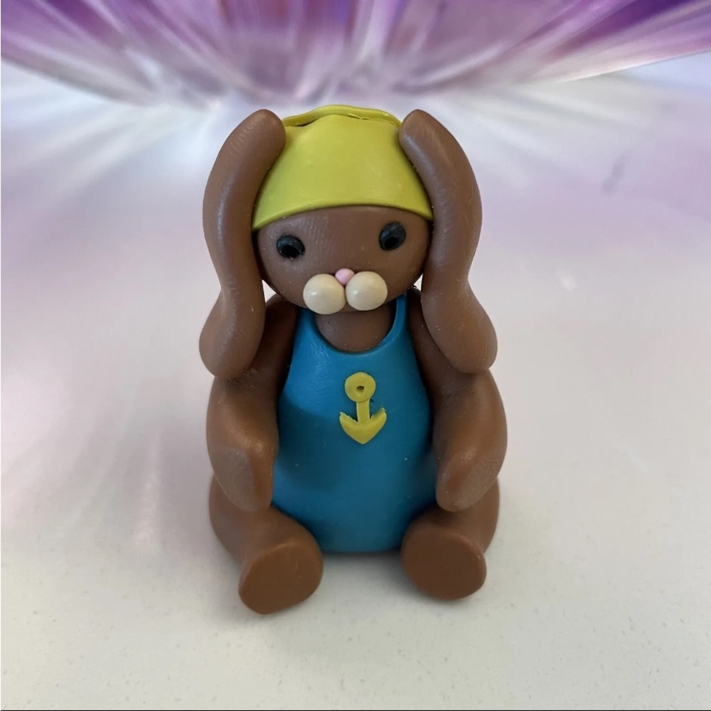 Mini Polymer Clay Bunny Rabbit 2” Brown Floppy Bunny Blue Swimsuit Swimmers Gift